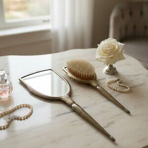 Antique Art Deco Brass Hand Mirror and Hair Brush Vanity Set
